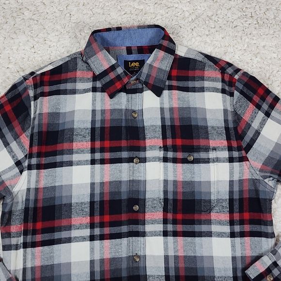 Lee Flannel Shirt Mens Medium Gray Plaid Warm Winter Button Up Long Sleeve - Picture 3 of 11